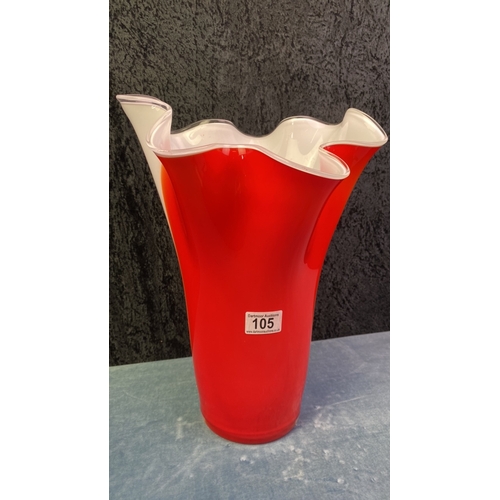 105 - Modern art blown glass vase,  folded red on white H38cm