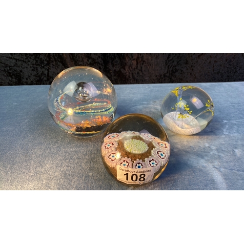 108 - 3 pretty glass paperweights, smallest inscribed 'Phoenician Malta'