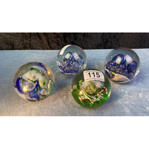 115 - Collection of 4 beautiful glass paperweights one has original Made in England, Langham Glasshouse la... 