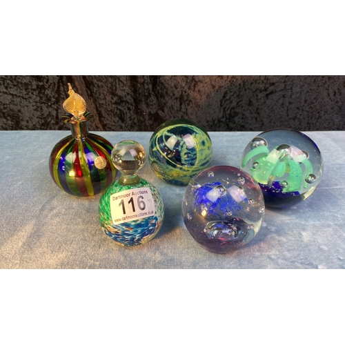 116 - 4 superb glass paperweights inc one Mdina Malta bottle shape weight, along with one gorgeous Murano ... 