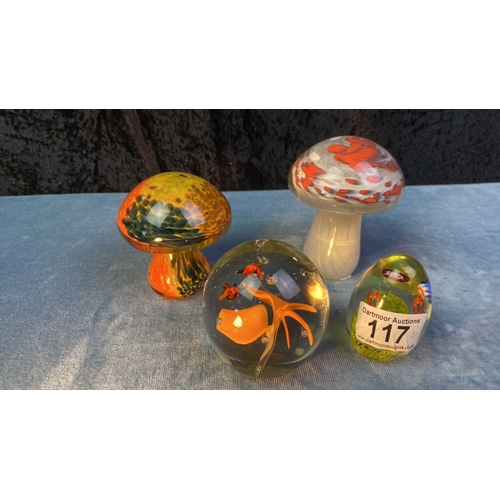 117 - 2 Mdina glass mushroom paper weights, 1 vintage egg Murano Glass paperweight with floating flowers w... 