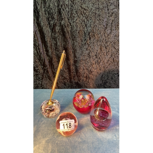 118 - 4 beautiful glass paperweights Inc pen holder. 1 Caithness Moon Crystal, 1 made by TVG, all really p... 