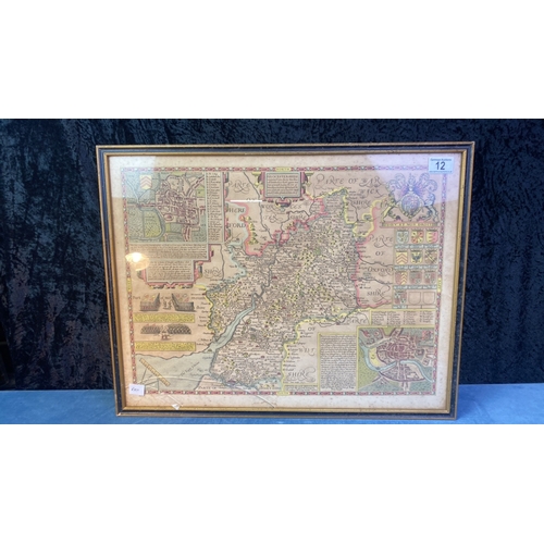 12 - Framed John Speede map of Glocestershire (Gloucestershire) dated 1610, glass a/f, frame approx 45cm ... 