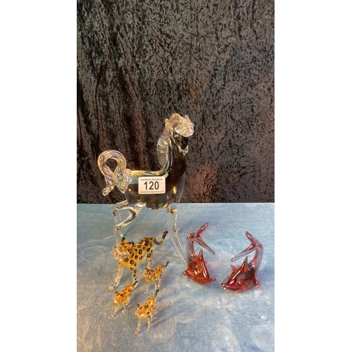 120 - Collection of beautiful hand blown glass animals Inc Leopard , Dolphins and superb glass horse of a ... 