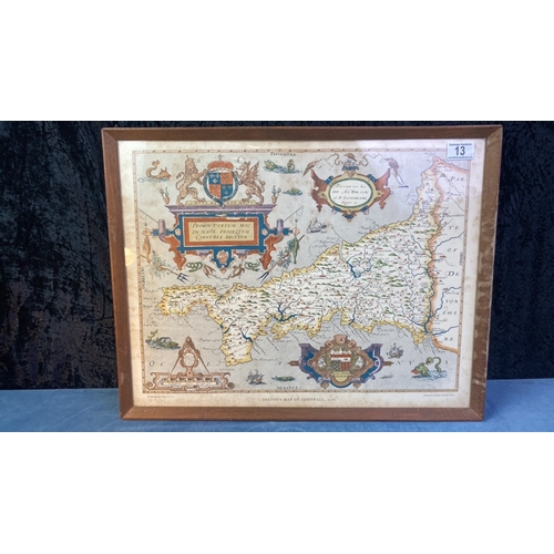 13 - Framed British Museums Maps Saxton’s Map of Cornwall 1576, approx 43cm x 55cm, printed by Taylowe Lt... 