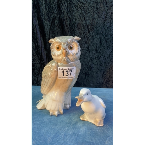 137 - Handmade Lladro Goose H8cm and Lladro Owl H17cm