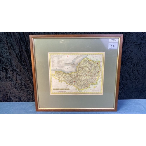 14 - Framed map of Somersetshire published by Archibald Fullerton, frame approx 35cm x 39cm