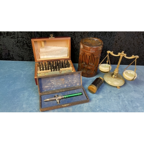 147 - An eclectic mix of crafting tools, a vintage pocket telescope, a miniature set of onyx and metal sca... 