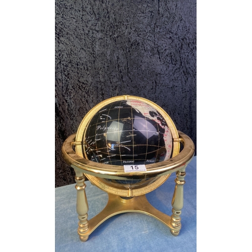 15 - Repro auction black globe with pearly white countries in lightweight metal frame with compass set in... 