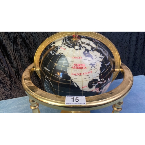 15 - Repro auction black globe with pearly white countries in lightweight metal frame with compass set in... 