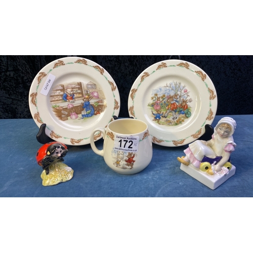 172 - 2 official Bunnykins plates and cup, with Royal Albert Mother Ladybird figurine and 'Nell' from Roya... 