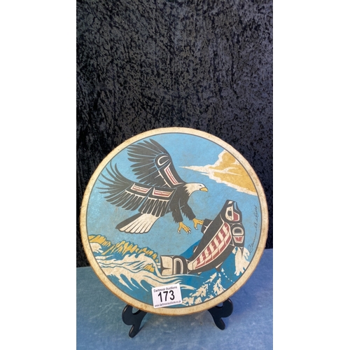 173 - Vintage Northwest Coast Indian Haida Hand Drum appears to be signed Clarence A. Wells to lower right