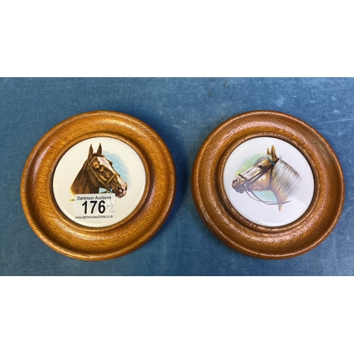 176 - Two horse themed tiled wall hangings on wood backing