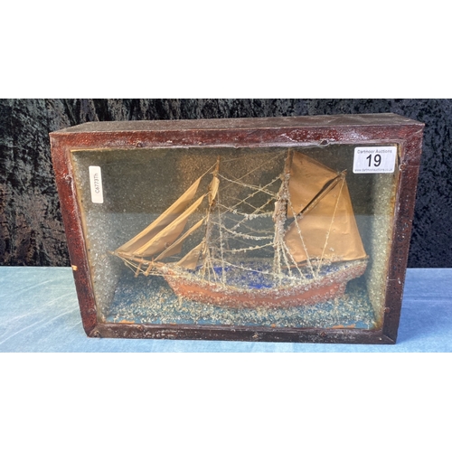 19 - Wooden cased model ship with glass chips creating an ice effect, case approx 25cm x 36cm x 10cm