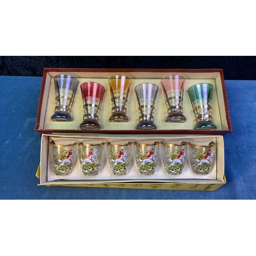 202 - Original boxed set of vintage hunting scenes sherry glasses with a boxed set of very vintage coloure... 