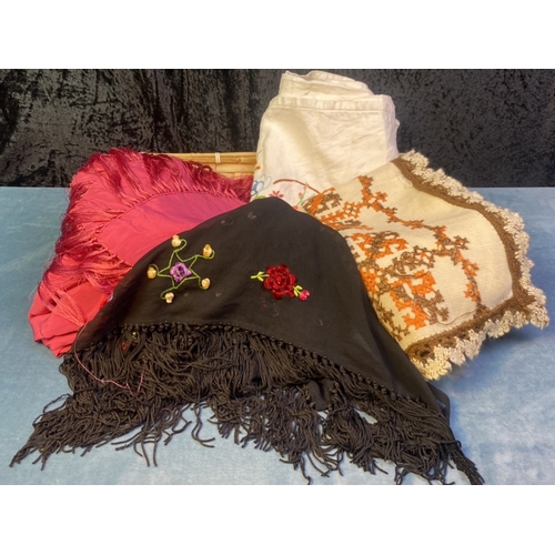 224 - Embroidered fabrics and piano shawls .. lovely vintage items