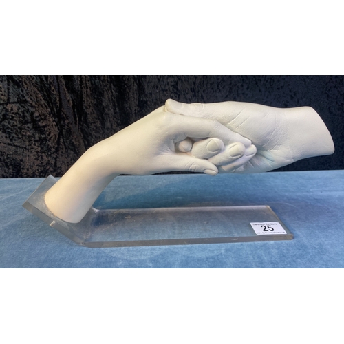 25 - John Cutrone holding Hands Sculpture, Austin Productions 1984, white cast durastone on clear lucite ... 