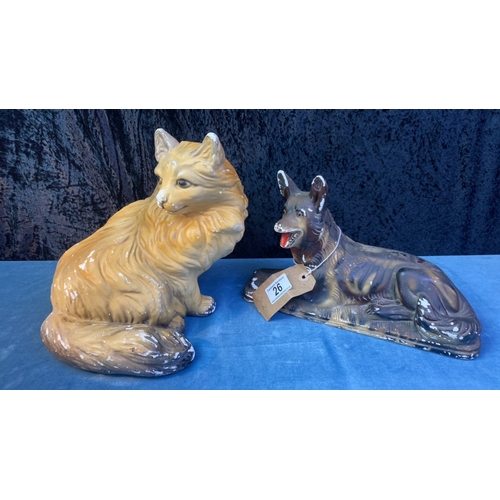 26 - Vintage chalkware ginger cat (24cm tall) and German Shepherd dog with the name 'Benetti' on the reve... 