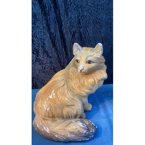 26 - Vintage chalkware ginger cat (24cm tall) and German Shepherd dog with the name 'Benetti' on the reve... 