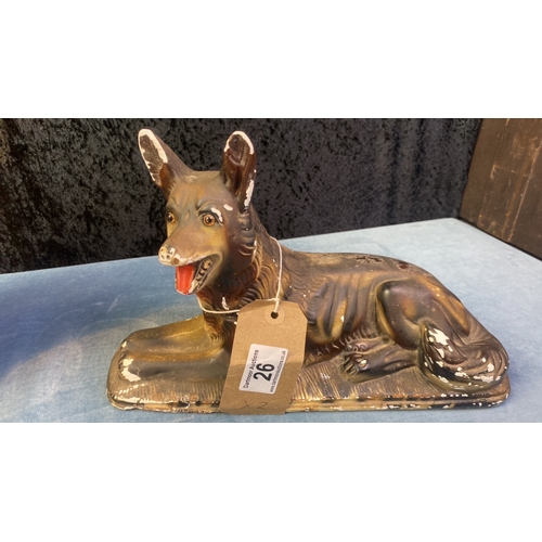 26 - Vintage chalkware ginger cat (24cm tall) and German Shepherd dog with the name 'Benetti' on the reve... 