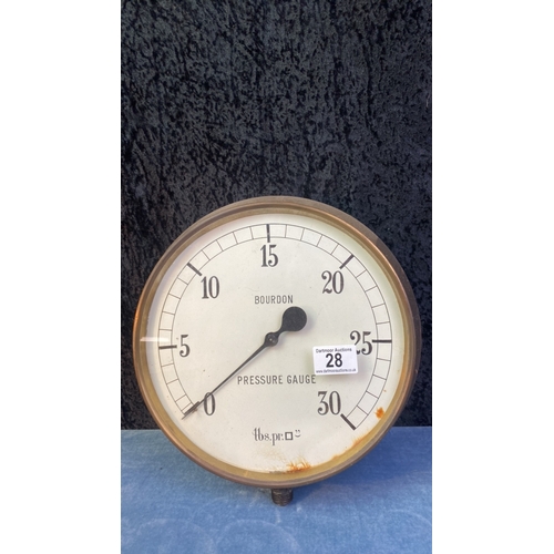 28 - Vintage Bourdon brass cased Lbs per square inch pressure gauge, approx 27cm diameter