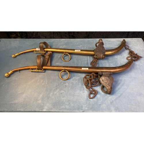 30 - Brass horse hames with finial ends, tug hooks, brass strap loops and leather straps