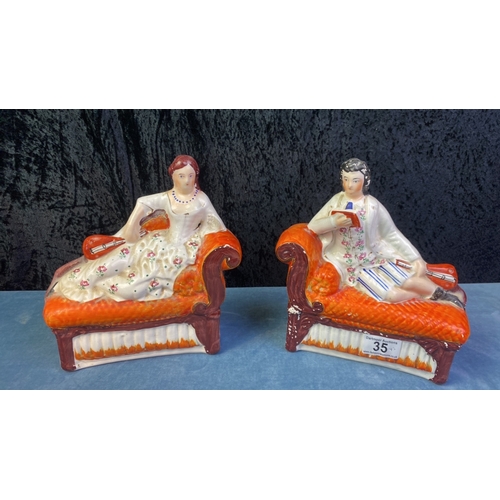 35 - Pair antique Staffordshire reclining musicians on chaise lounges flat backs, approx 22cm tall (some ... 