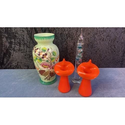 367 - Pretty glass ware collection Inc Galileo Thermometer and unusual vases