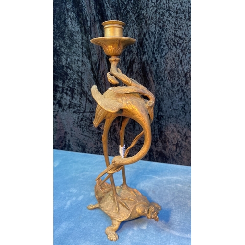 39 - Pair of brass crane on dragon turtle with lotus flower candlesticks (one a/f), approx 32cm tall