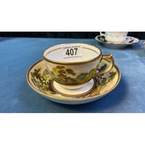 407 - Fine trio of antique porcelain cup and saucers from Miles Mason, appears to be hand painted set, a M... 