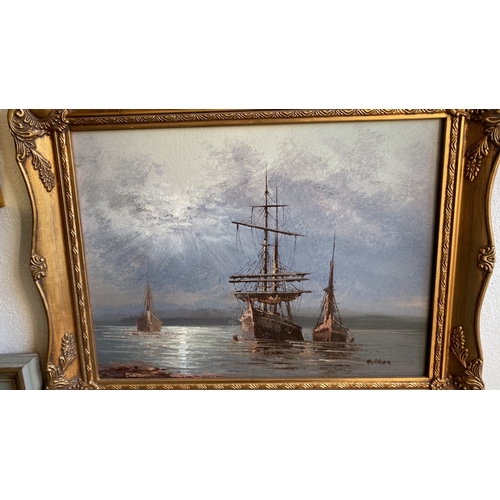 434 - An acrylic nautical scene of ships by moonlight in pretty gilt frame, approx 50 cm x 34 cm