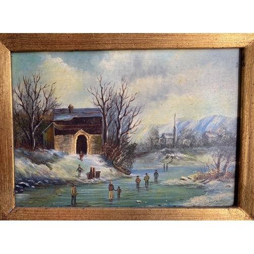 437 - Gorgeous oil winter scene of river in very ornate gilt frame. Indistinctly signed bottom right. Appr... 