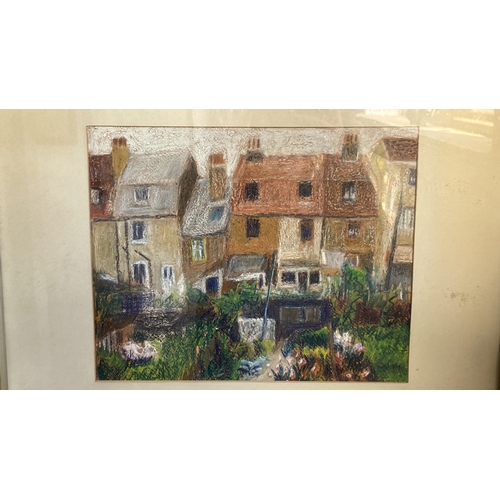 439 - Framed and glazed mixed medium picture of urban scene. Approx 60 cm x 60 cm