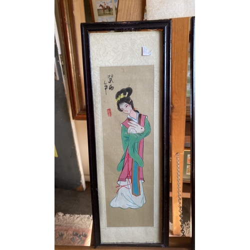 440 - A pair of framed and glazed Oriental pen and ink pictures of ladies the cherry blossom and fan, alon... 