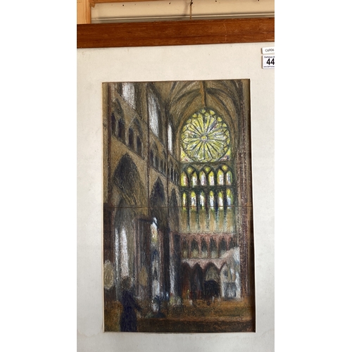 446 - A framed pastel scene of the interior of a cathedral or church. Approx 73 cm x 50 cm