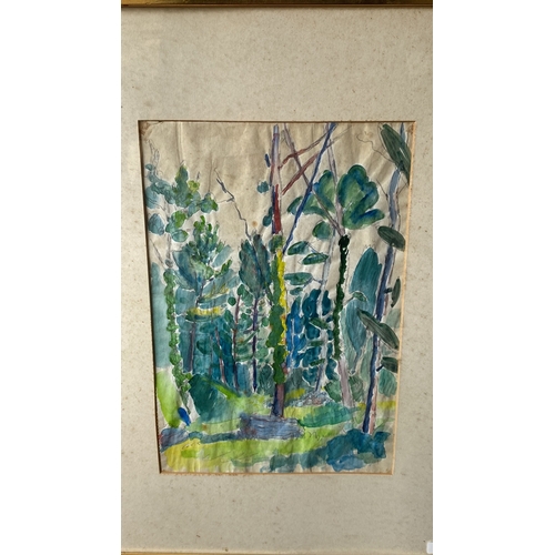 447 - A framed watercolour abstract scene titled ‘Clearing in the Pine Wood’. Some foxing. Approx 48 cm x ... 