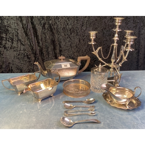 46 - Collection of silver plated items inc an art deco style tea set, an impressive candelabra, cut glass... 