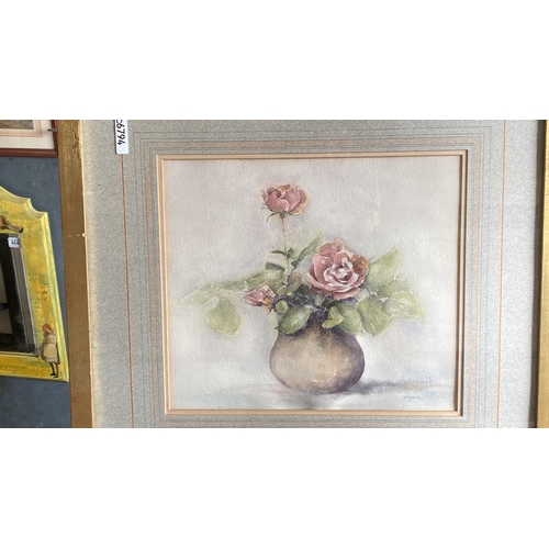 489 - A beautiful still life watercolour in attractive muted pastels depicting roses in vase, in lovely gi... 