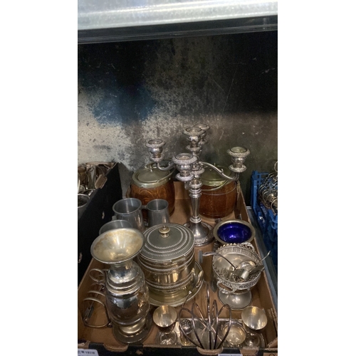 49 - Quantity of silver plated items including candelabra, tea caddy, bowls, toast racks etc along with t... 