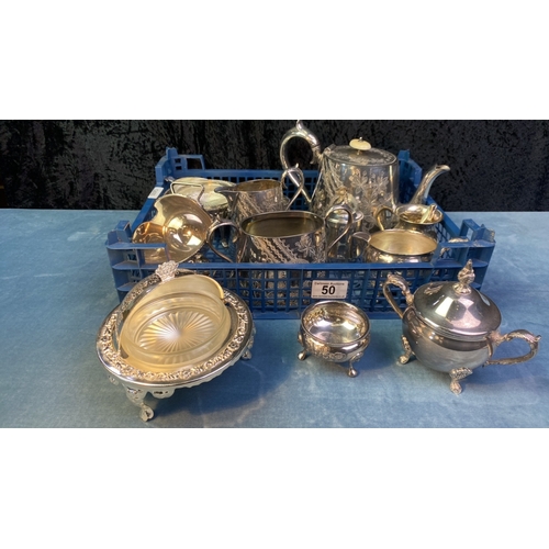 50 - Silver plated items inc tea set, sugar bowls, jugs, vase, cutlery and a lidded Paddington Bear pot