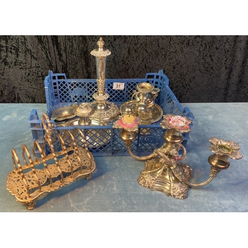 51 - Silver plated items inc candlesticks, toast rack, and mustard pot