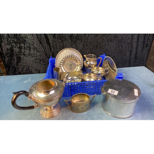 53 - Silver plated items inc a Mappin & Webb cylindrical lidded box, tea ware, plates and dishes