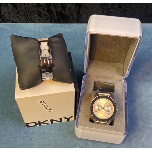 575 - Stylish DKNY 4 dial watch/chronometer with stainless steel case. In original box. Appears new.