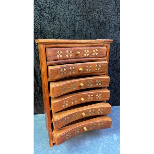 60 - Miniature chest of drawers with inlaid brass detail, approx 36cm tall