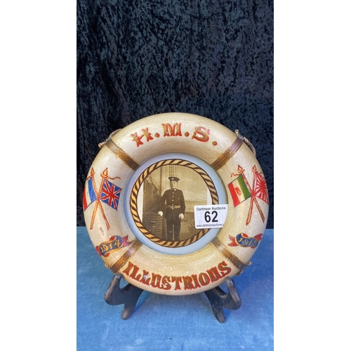 62 - WWI HMS Illustrious hand painted lifebuoy framed dated 1914 / 1915 with photograph of a young sailor... 