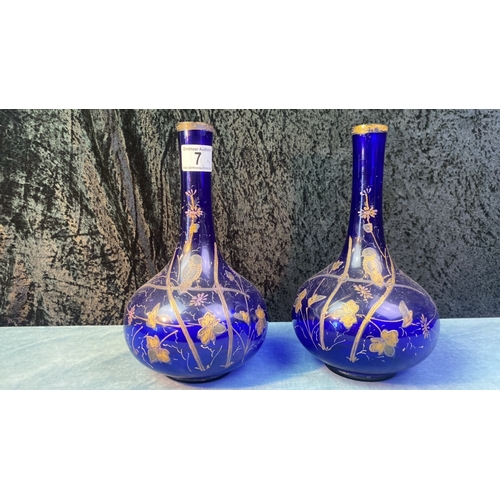 7 - Pair of cobalt blue glass vases with hand painted bird and floral design, approx 26cm tall