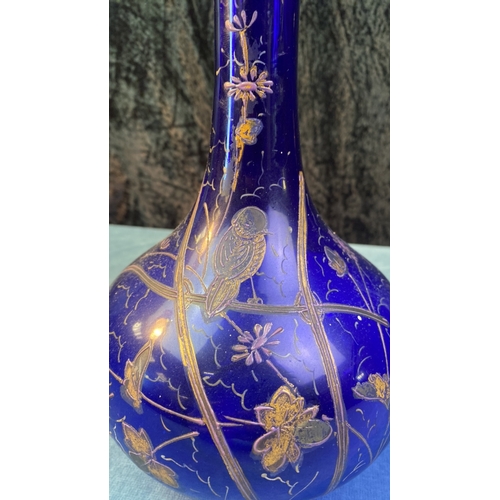 7 - Pair of cobalt blue glass vases with hand painted bird and floral design, approx 26cm tall