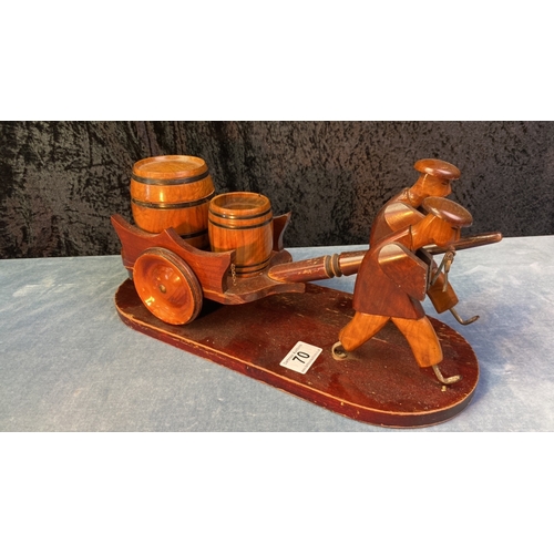 70 - Wooden cart with barrels being pulled by two men on wooden base. Approx 38cm long