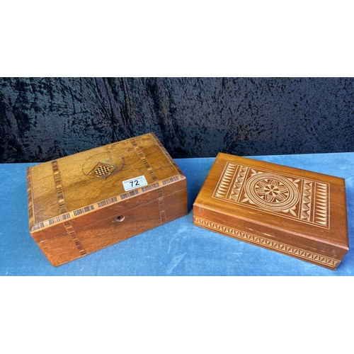 72 - Two wooden boxes, one with carved lid containing costume jewellery and one with inlaid detail and in... 