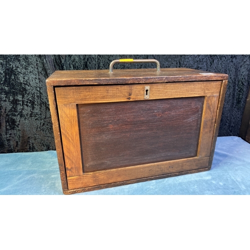 83 - A wooden toolmaker’s chest with working key and beautiful brass detailed handles. Tools inside also ... 